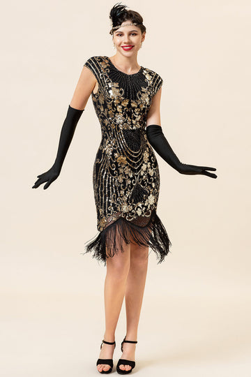 Svart og gylden cap ermer paljett frynser 1920-tallet Gatsby Flapper kjole med 20-tallet tilbehør sett